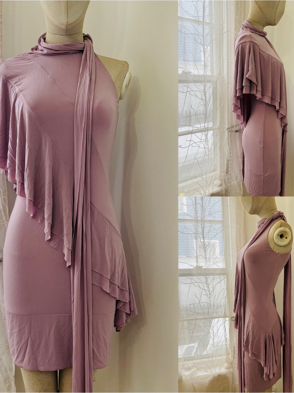 One-Shoulder Dusty Mauve Draped Scarf Dress
